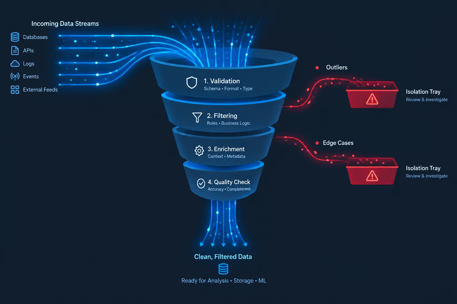 Educational diagram representing post-filter candidate dispersion audit and quantitative edge-case reduction